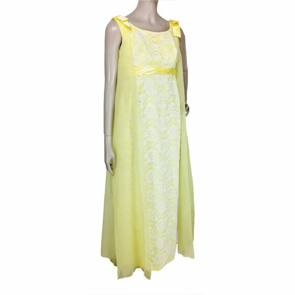 VTG 60s Yellow Floral Lace Chiffon Organza Cape Train Shoulder Bows Maxi Dress - Picture 4 of 12